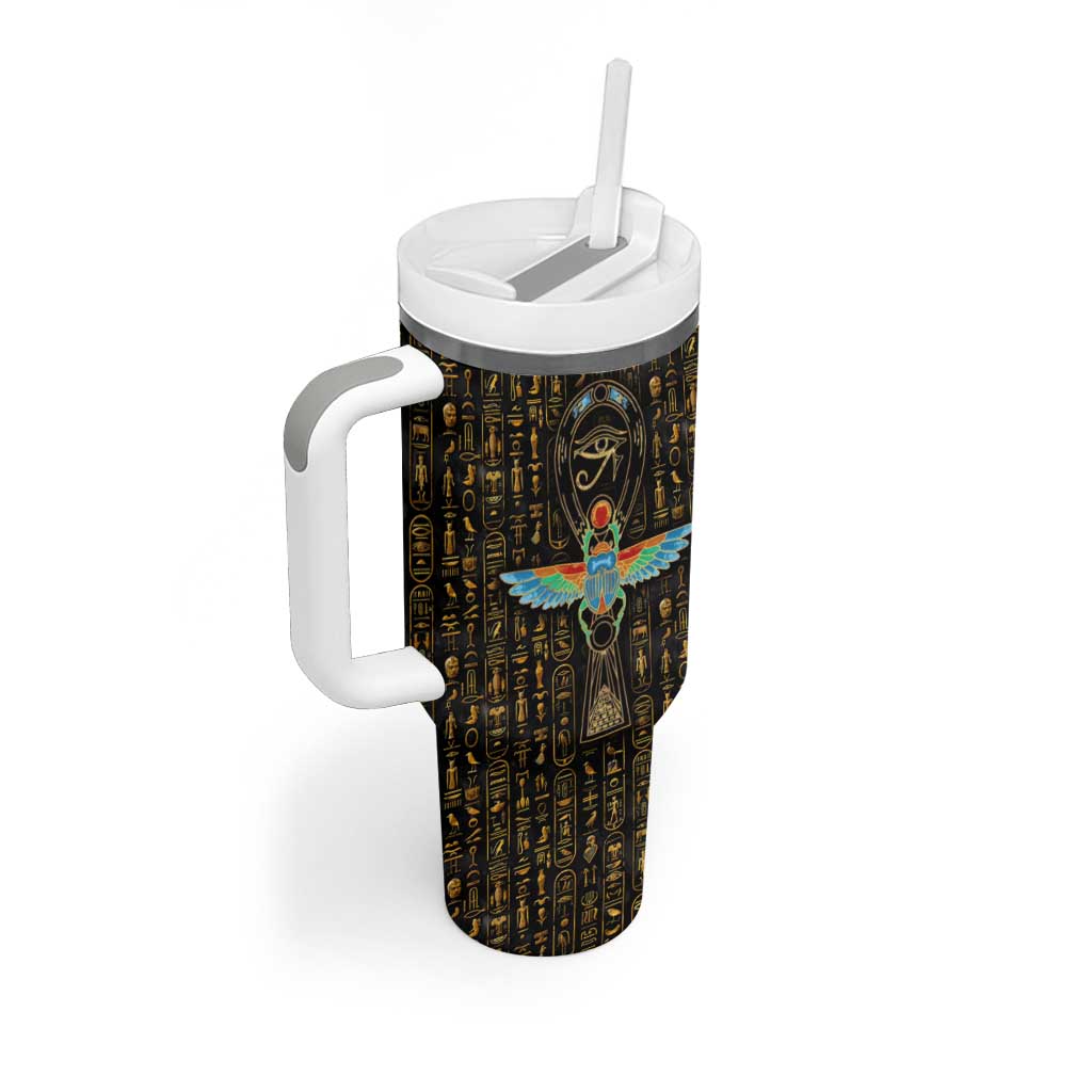 Ancient Pride Tumbler With Handle African Hieroglyphic Pattern, Eye of Horus, and Sacred Scarab Symbol - Wonder Print Shop