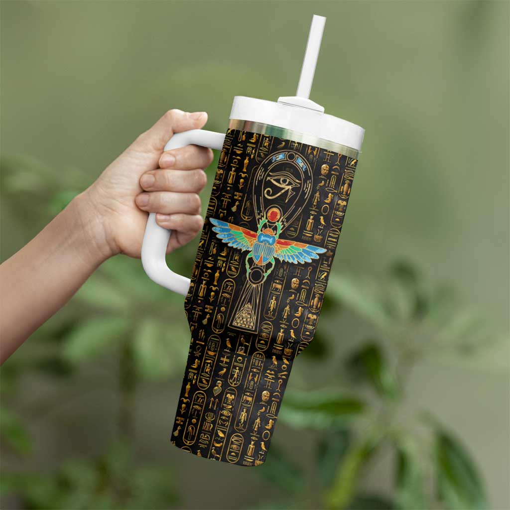 Ancient Pride Tumbler With Handle African Hieroglyphic Pattern, Eye of Horus, and Sacred Scarab Symbol - Wonder Print Shop