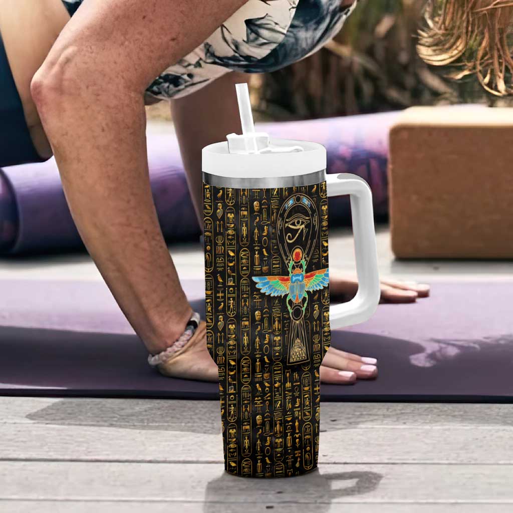 Ancient Pride Tumbler With Handle African Hieroglyphic Pattern, Eye of Horus, and Sacred Scarab Symbol - Wonder Print Shop