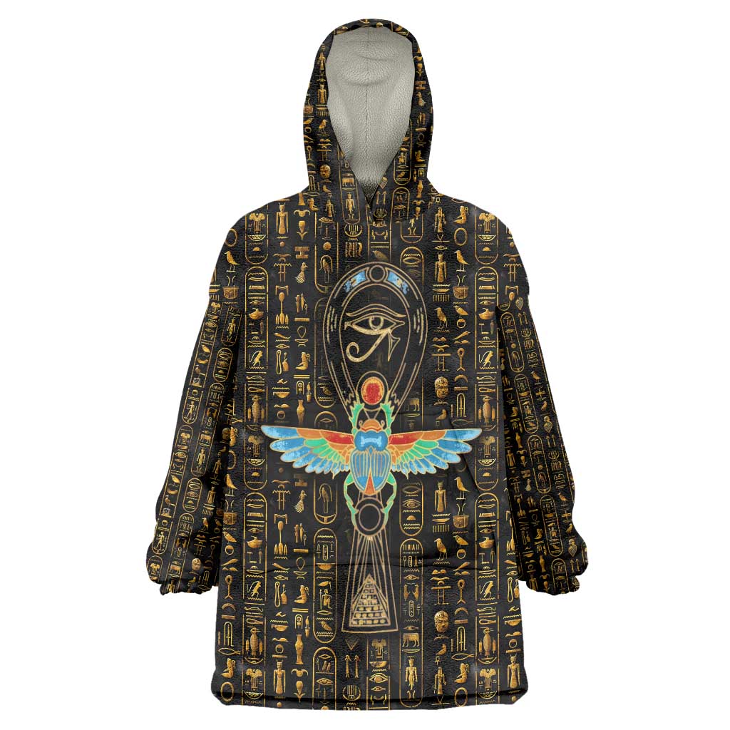 Ancient Pride Wearable Blanket Hoodie African Hieroglyphic Pattern, Eye of Horus, and Sacred Scarab Symbol - Wonder Print Shop
