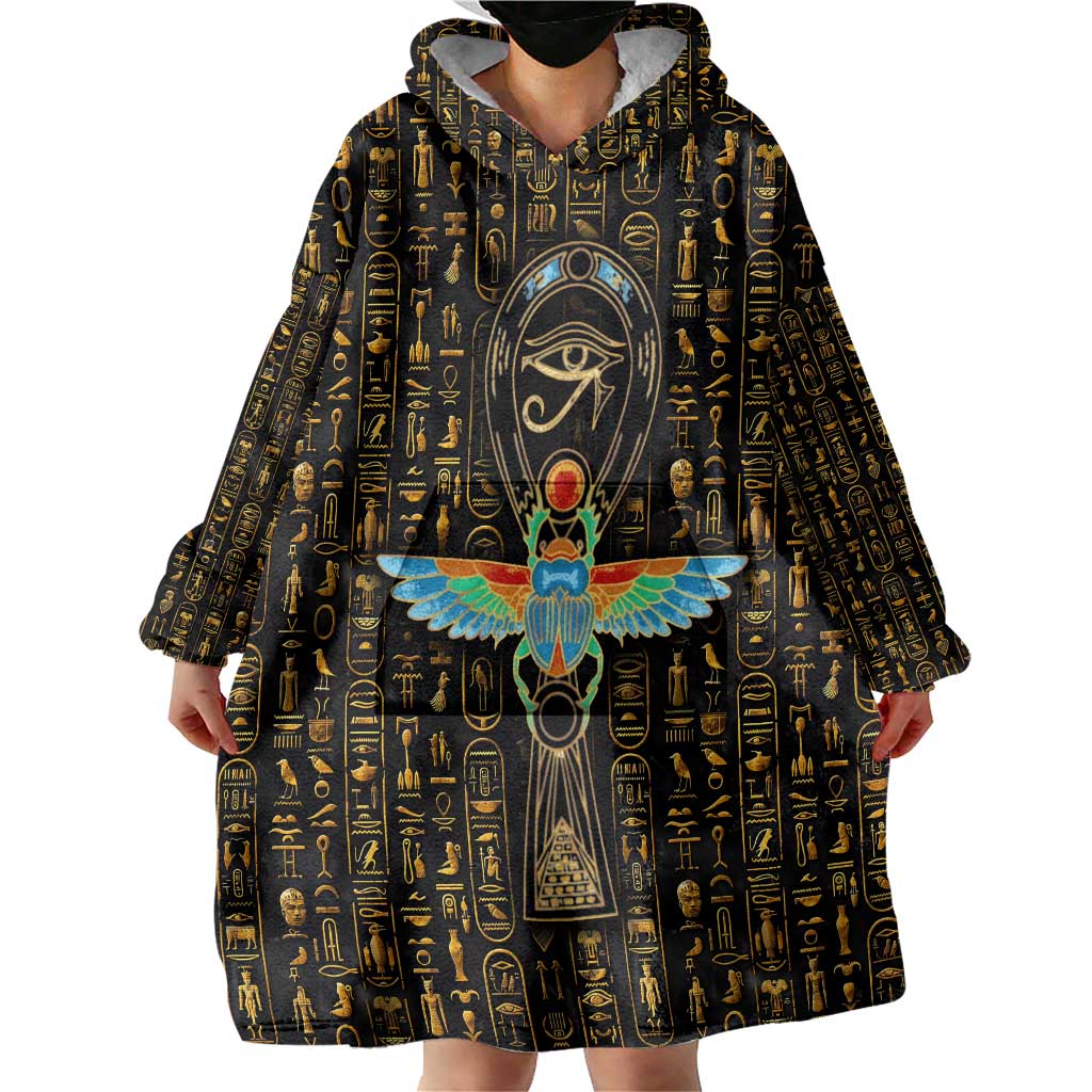 Ancient Pride Wearable Blanket Hoodie African Hieroglyphic Pattern, Eye of Horus, and Sacred Scarab Symbol - Wonder Print Shop