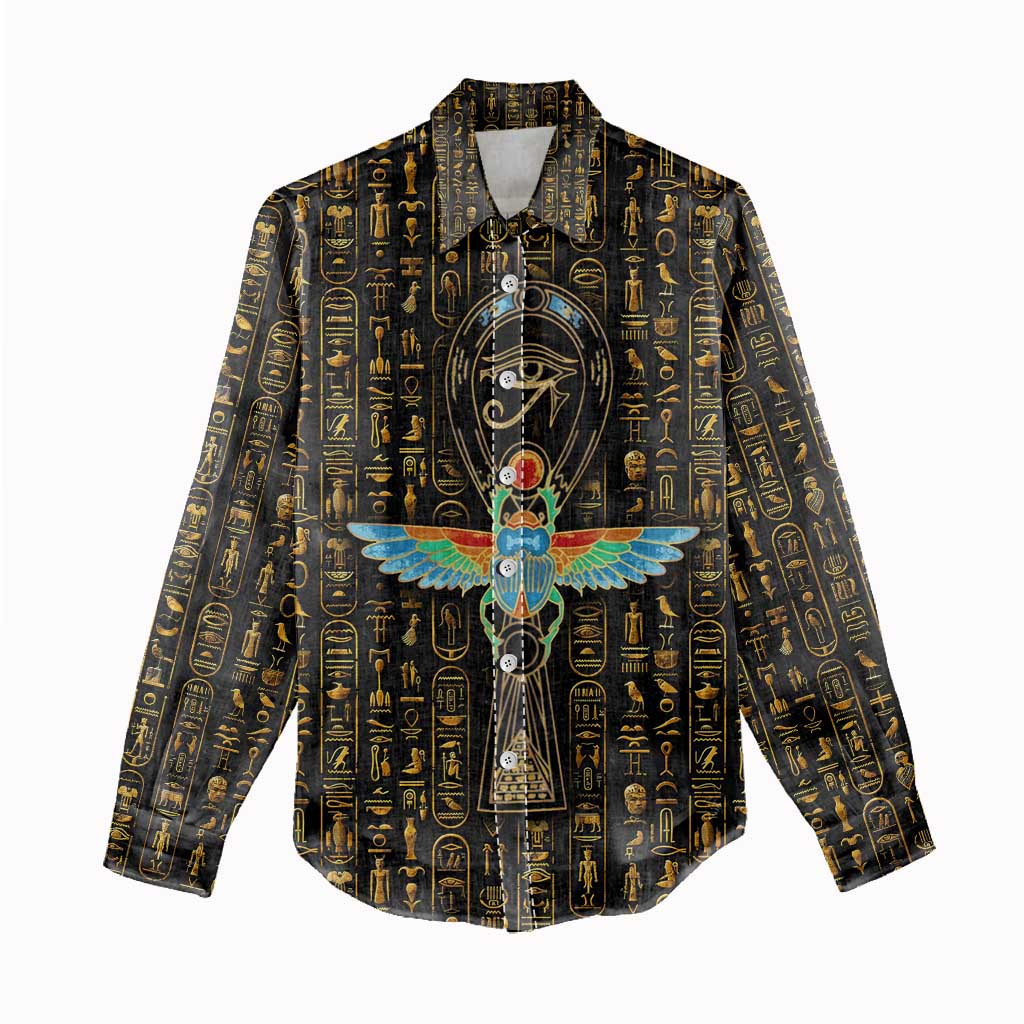 Ancient Pride Women Casual Shirt African Hieroglyphic Pattern, Eye of Horus, and Sacred Scarab Symbol - Wonder Print Shop