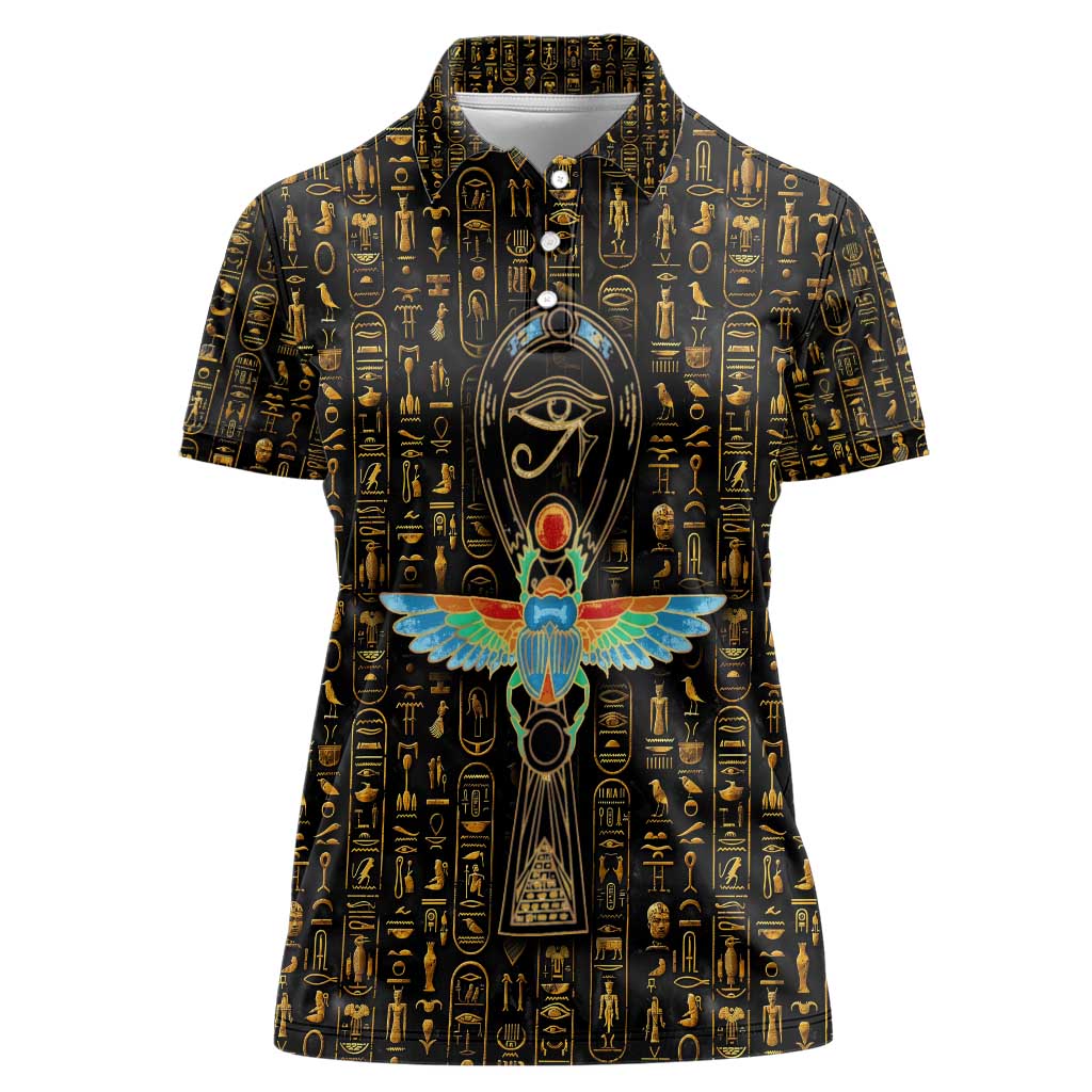 Ancient Pride Women Polo Shirt African Hieroglyphic Pattern, Eye of Horus, and Sacred Scarab Symbol - Wonder Print Shop