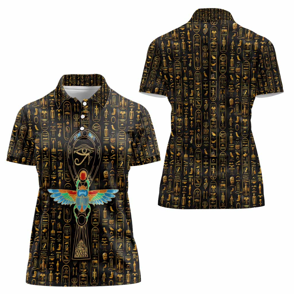 Ancient Pride Women Polo Shirt African Hieroglyphic Pattern, Eye of Horus, and Sacred Scarab Symbol - Wonder Print Shop