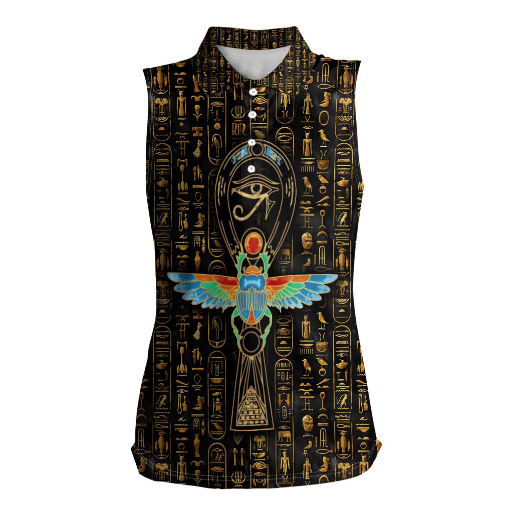 Ancient Pride Women Sleeveless Polo Shirt African Hieroglyphic Pattern, Eye of Horus, and Sacred Scarab Symbol - Wonder Print Shop