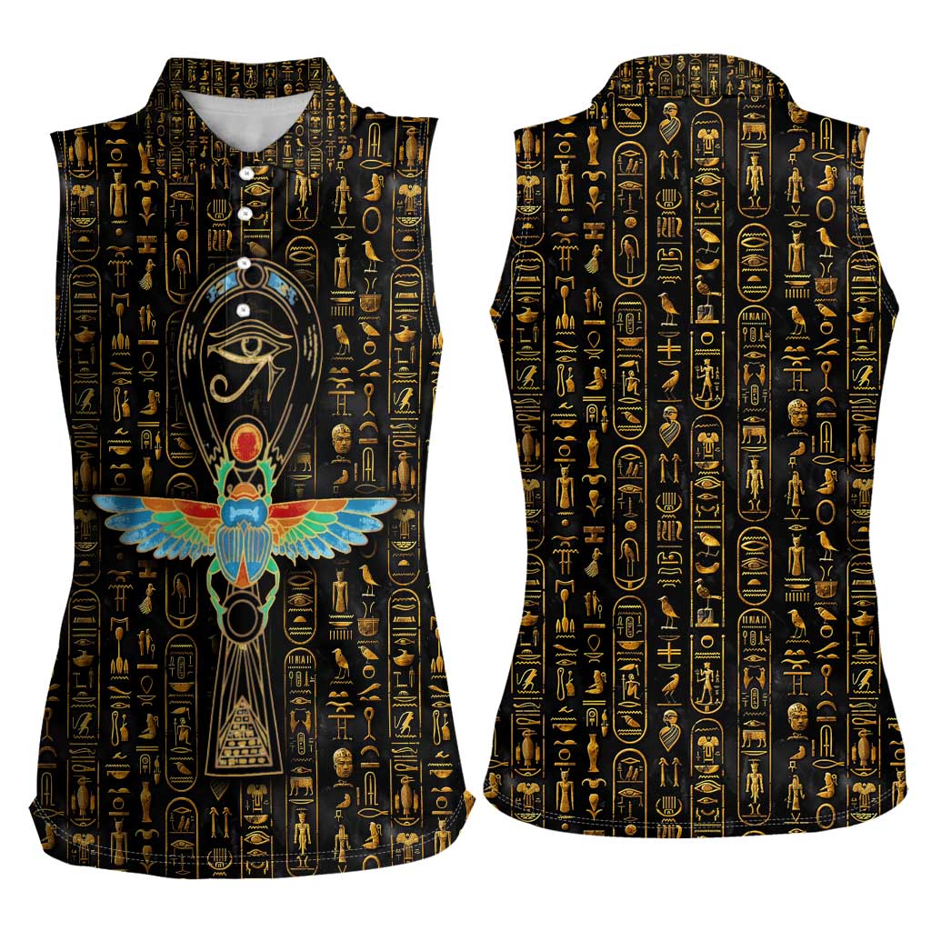 Ancient Pride Women Sleeveless Polo Shirt African Hieroglyphic Pattern, Eye of Horus, and Sacred Scarab Symbol - Wonder Print Shop