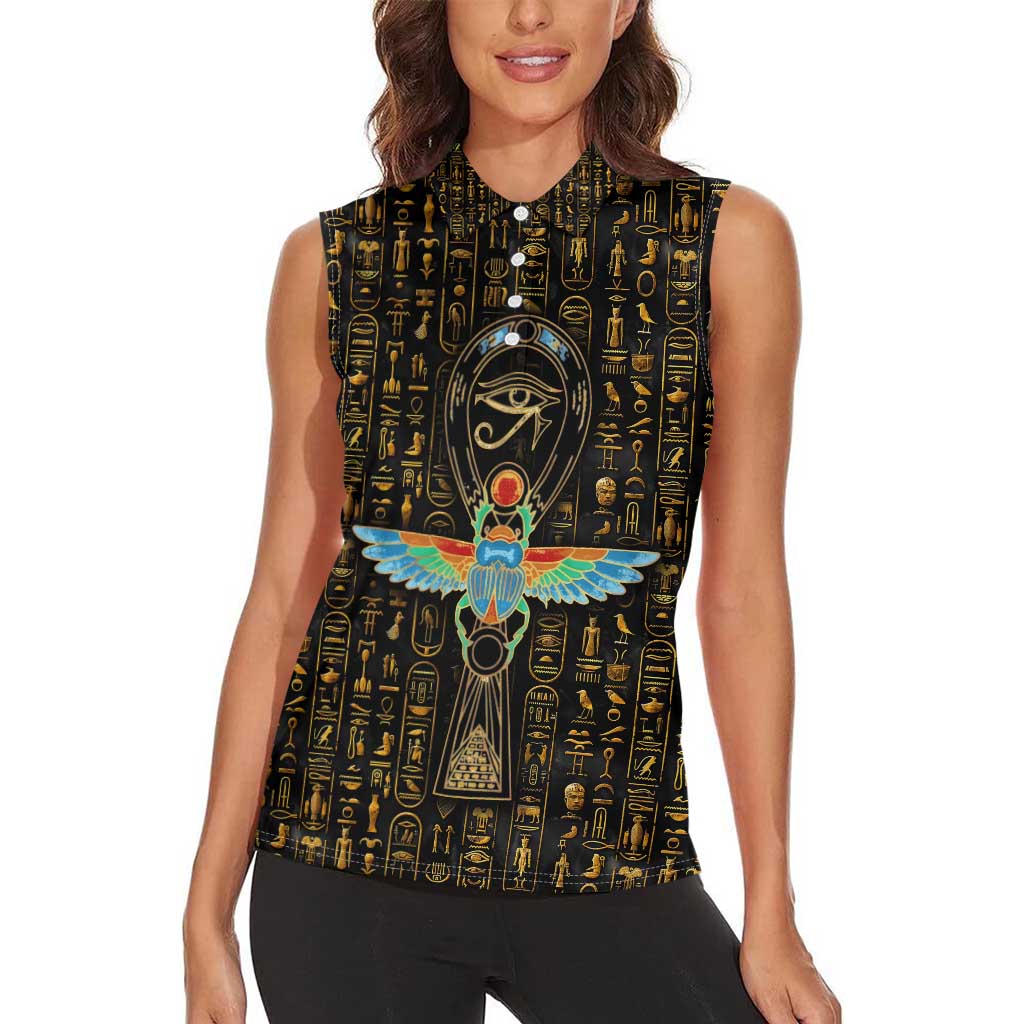 Ancient Pride Women Sleeveless Polo Shirt African Hieroglyphic Pattern, Eye of Horus, and Sacred Scarab Symbol - Wonder Print Shop
