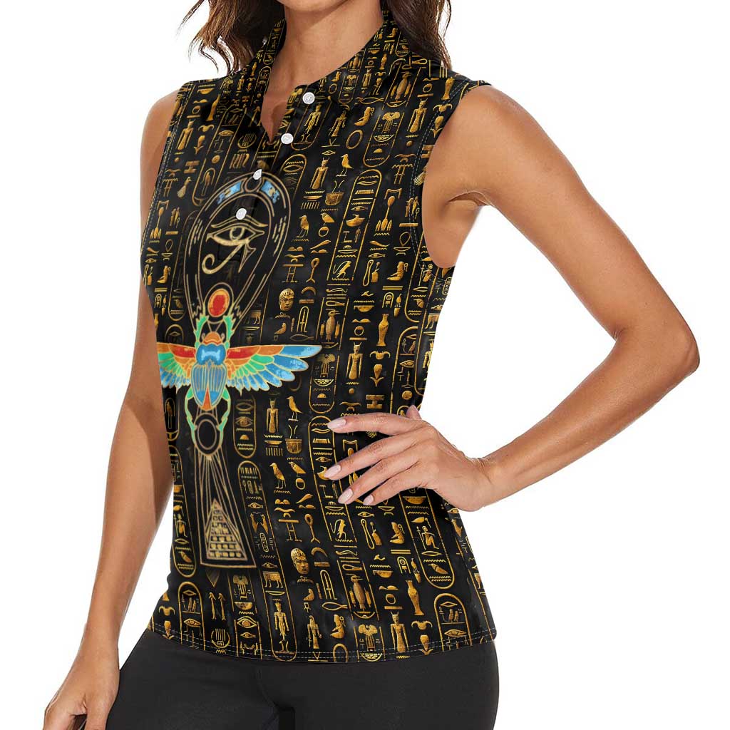 Ancient Pride Women Sleeveless Polo Shirt African Hieroglyphic Pattern, Eye of Horus, and Sacred Scarab Symbol - Wonder Print Shop