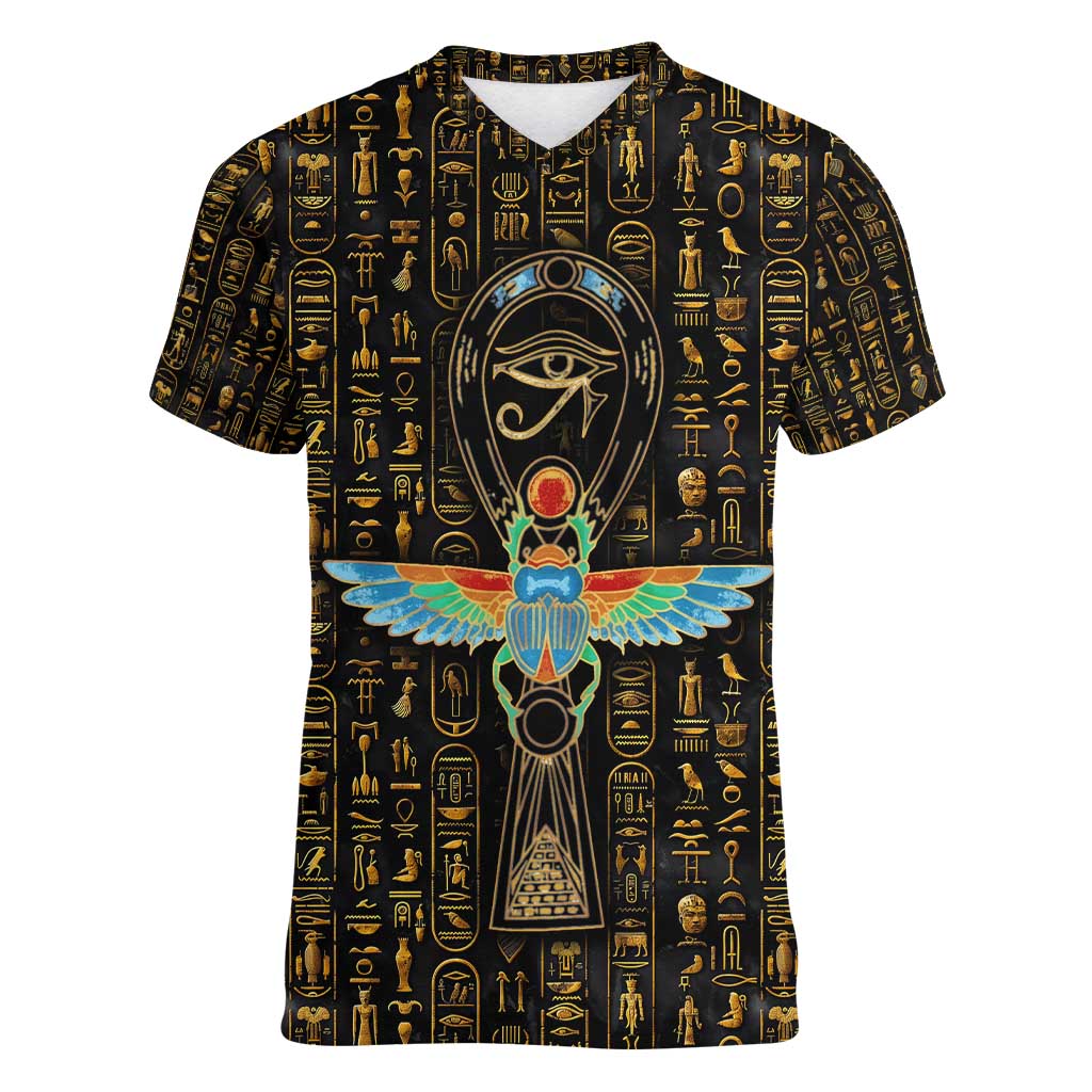 Ancient Pride Women V-Neck T-Shirt African Hieroglyphic Pattern, Eye of Horus, and Sacred Scarab Symbol - Wonder Print Shop