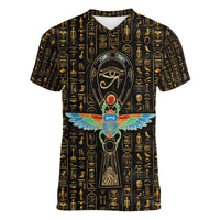 Ancient Pride Women V-Neck T-Shirt African Hieroglyphic Pattern, Eye of Horus, and Sacred Scarab Symbol - Wonder Print Shop
