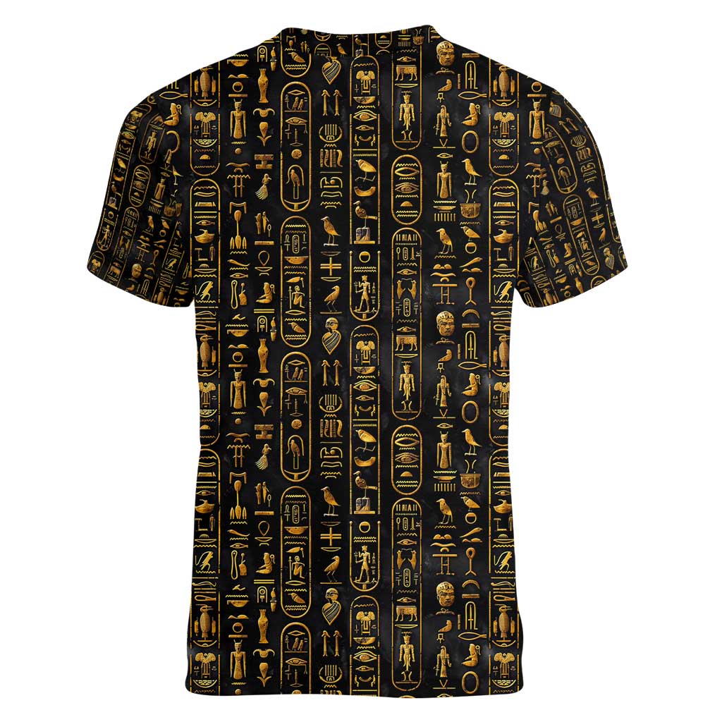 Ancient Pride Women V-Neck T-Shirt African Hieroglyphic Pattern, Eye of Horus, and Sacred Scarab Symbol - Wonder Print Shop