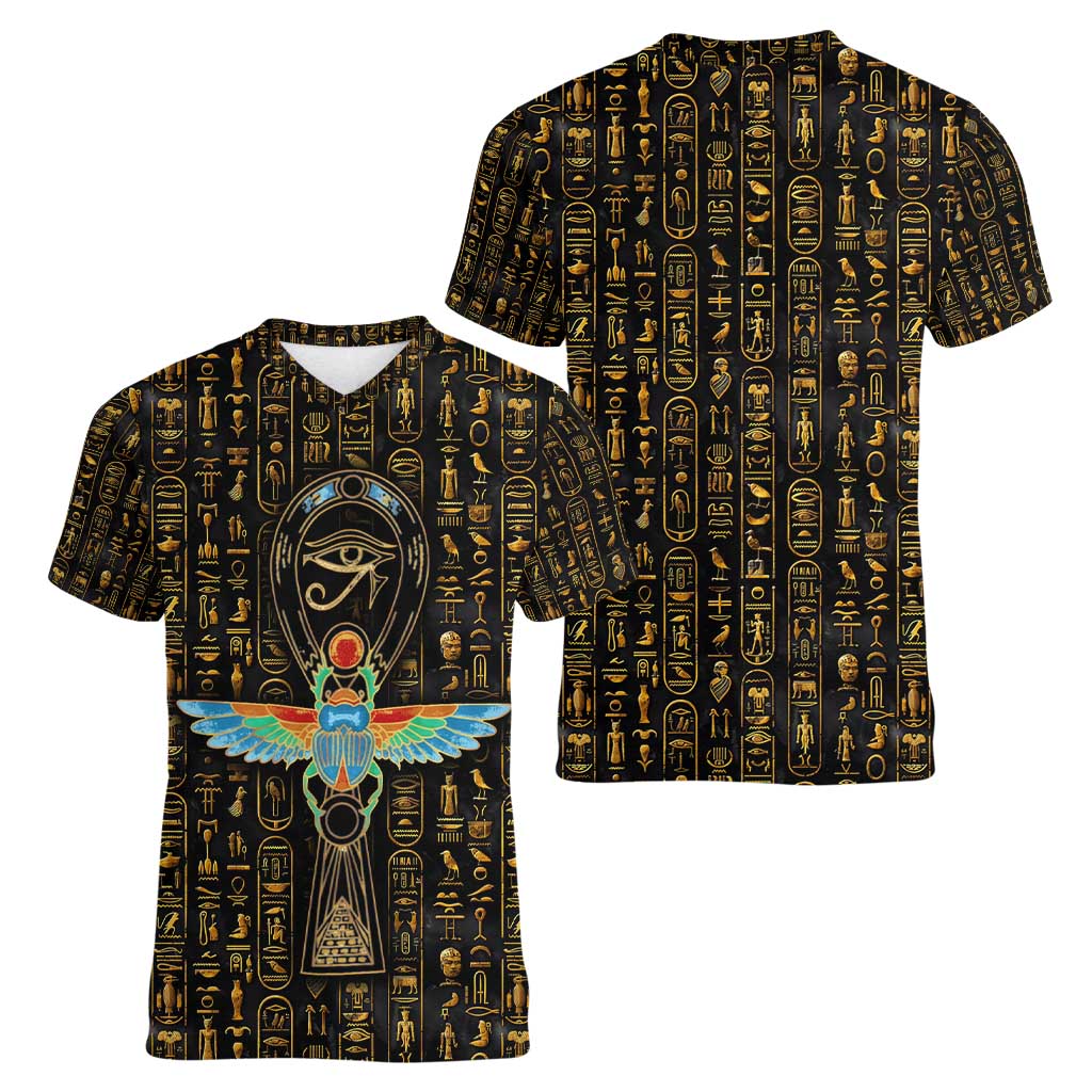 Ancient Pride Women V-Neck T-Shirt African Hieroglyphic Pattern, Eye of Horus, and Sacred Scarab Symbol - Wonder Print Shop