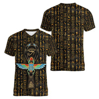 Ancient Pride Women V-Neck T-Shirt African Hieroglyphic Pattern, Eye of Horus, and Sacred Scarab Symbol - Wonder Print Shop