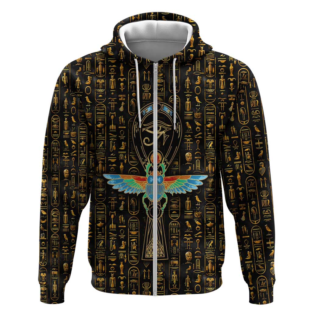 Ancient Pride Zip Hoodie African Hieroglyphic Pattern, Eye of Horus, and Sacred Scarab Symbol - Wonder Print Shop