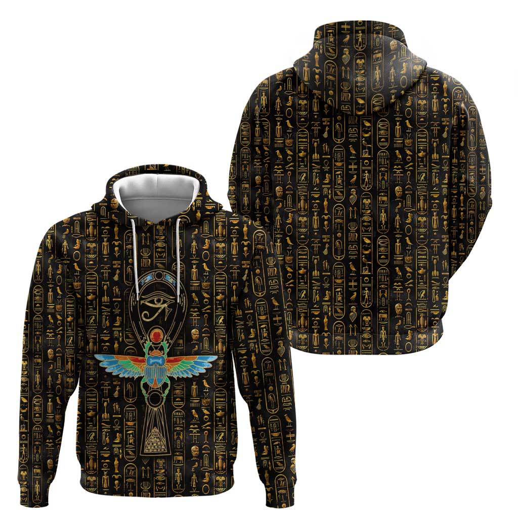 Ancient Pride Zip Hoodie African Hieroglyphic Pattern, Eye of Horus, and Sacred Scarab Symbol - Wonder Print Shop