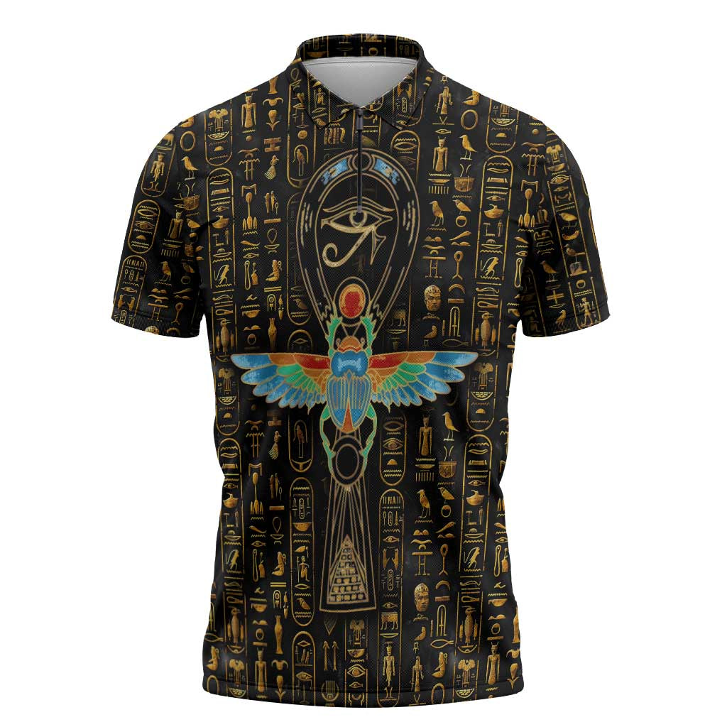 Ancient Pride Zipper Polo Shirt African Hieroglyphic Pattern, Eye of Horus, and Sacred Scarab Symbol - Wonder Print Shop