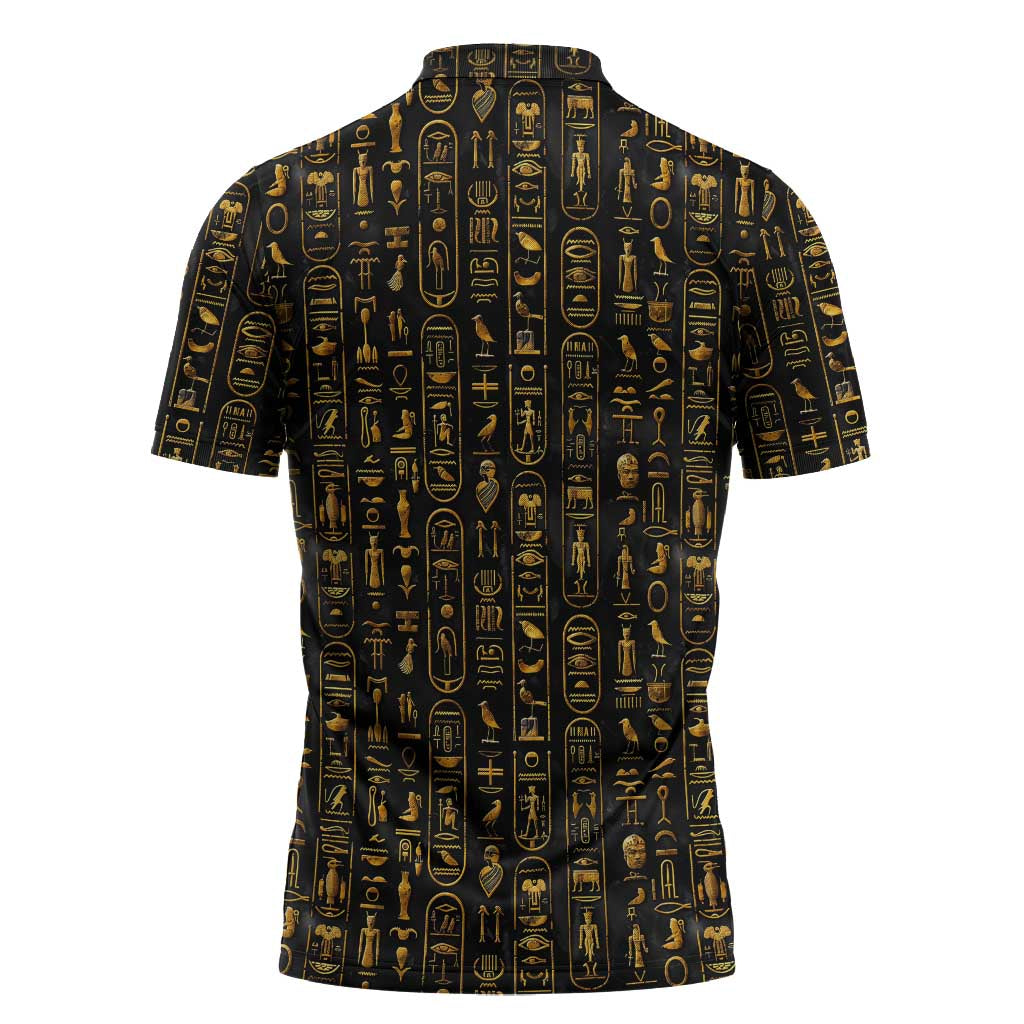 Ancient Pride Zipper Polo Shirt African Hieroglyphic Pattern, Eye of Horus, and Sacred Scarab Symbol - Wonder Print Shop