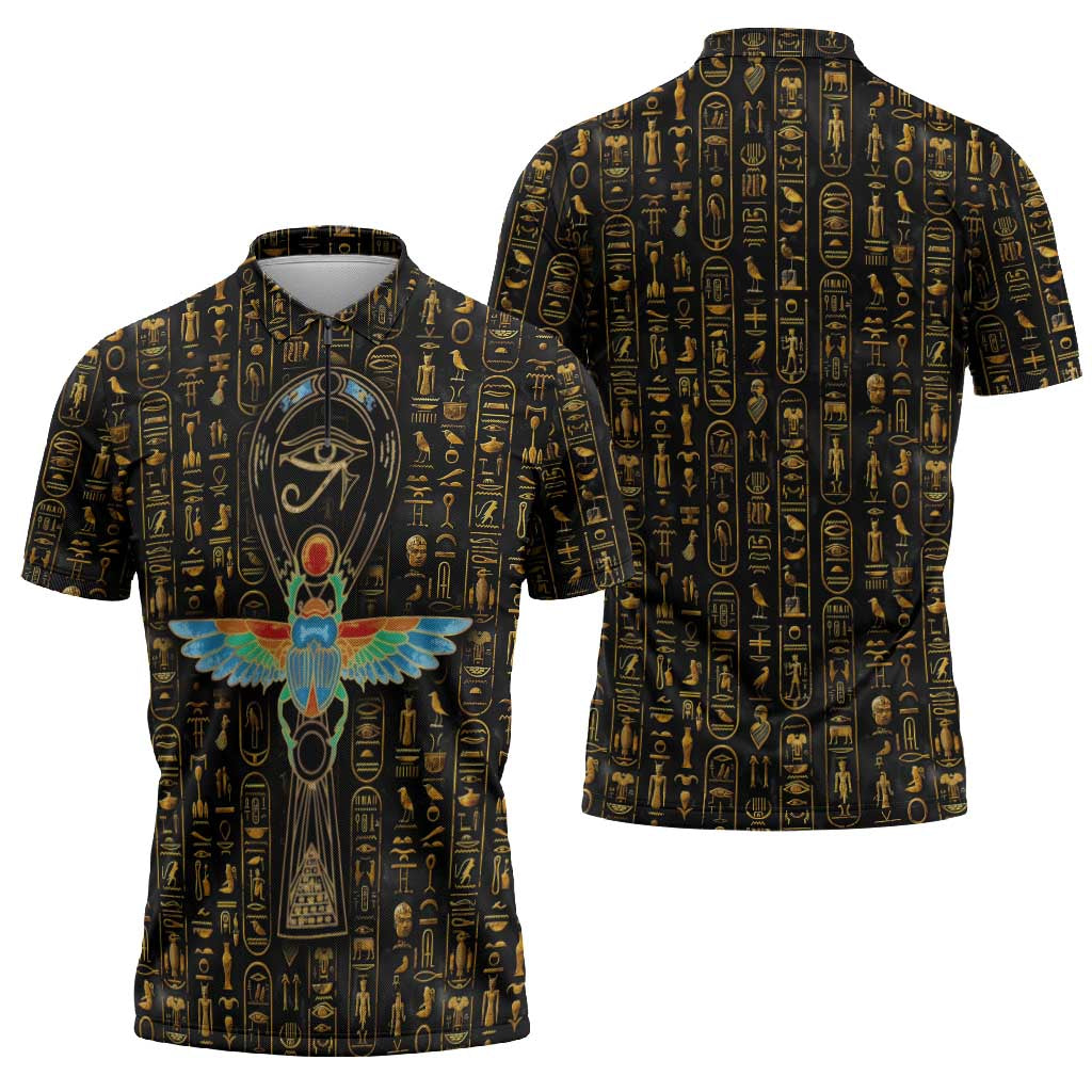Ancient Pride Zipper Polo Shirt African Hieroglyphic Pattern, Eye of Horus, and Sacred Scarab Symbol - Wonder Print Shop
