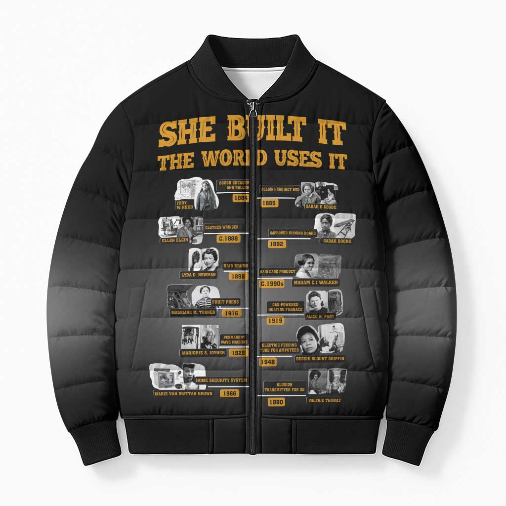 She Built It The World Uses It Bomber Puffer Jacket African Influential Women Innovators Timeline - Wonder Print Shop
