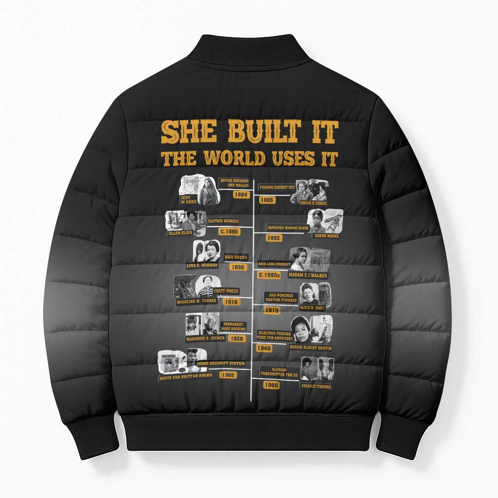 She Built It The World Uses It Bomber Puffer Jacket African Influential Women Innovators Timeline - Wonder Print Shop