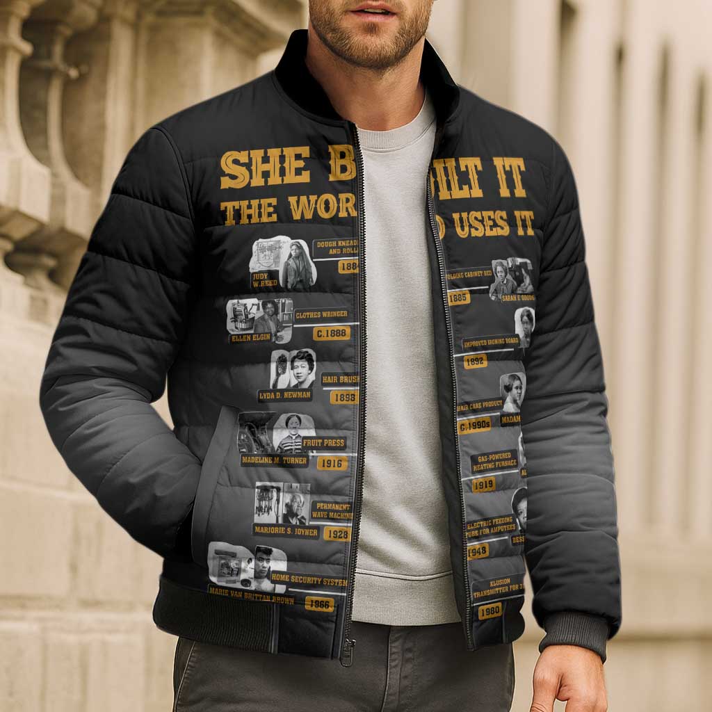 She Built It The World Uses It Bomber Puffer Jacket African Influential Women Innovators Timeline - Wonder Print Shop
