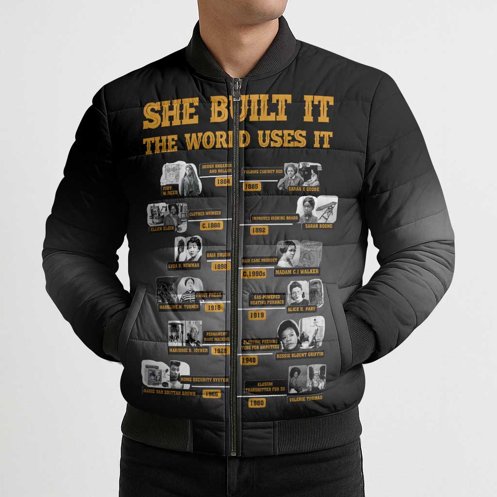 She Built It The World Uses It Bomber Puffer Jacket African Influential Women Innovators Timeline - Wonder Print Shop