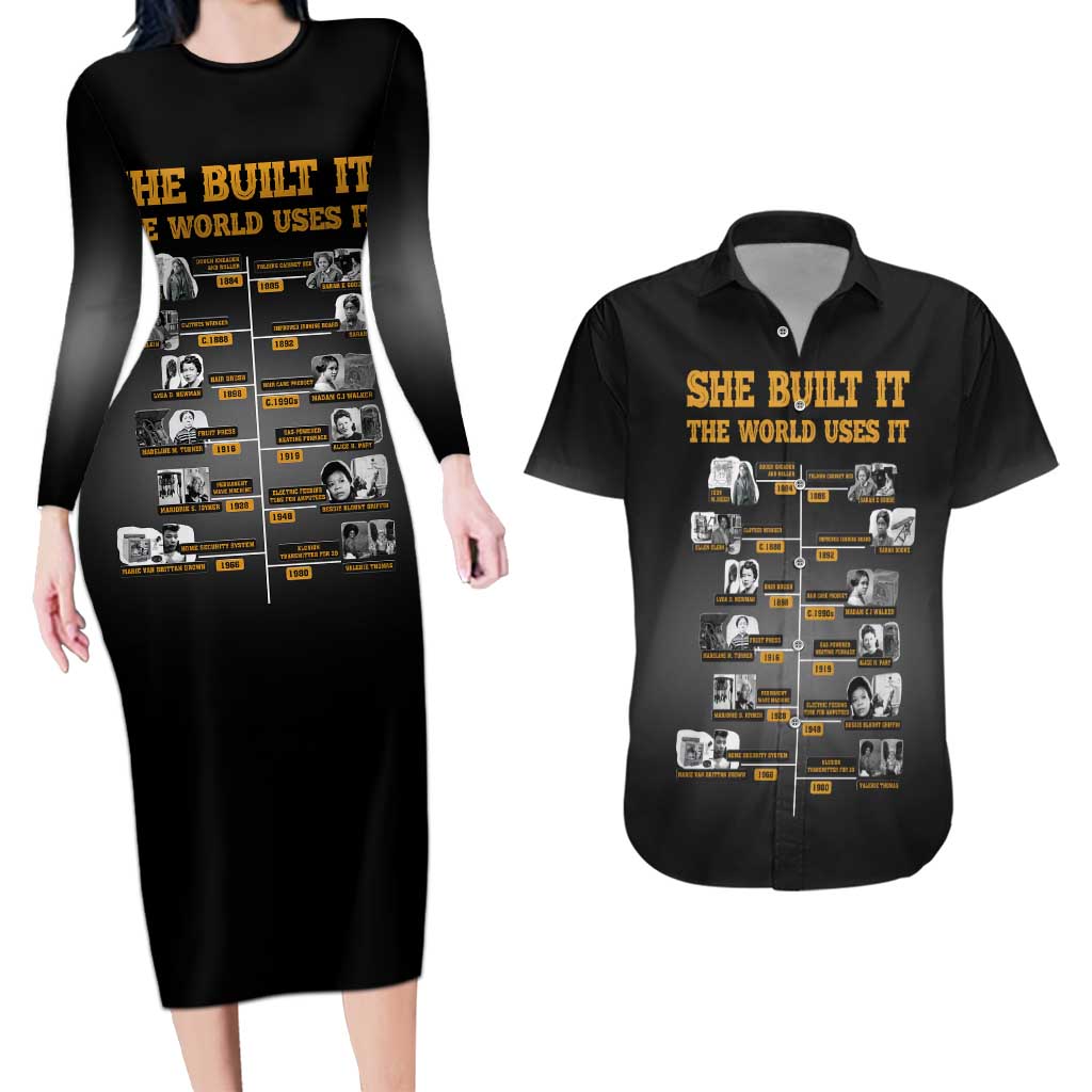 She Built It The World Uses It Couples Matching Long Sleeve Bodycon Dress and Hawaiian Shirt African Influential Women Innovators Timeline - Wonder Print Shop