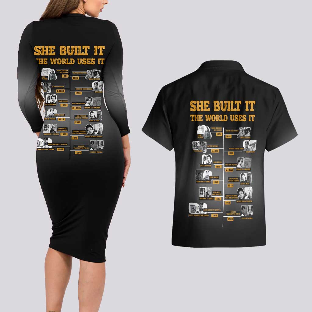 She Built It The World Uses It Couples Matching Long Sleeve Bodycon Dress and Hawaiian Shirt African Influential Women Innovators Timeline - Wonder Print Shop