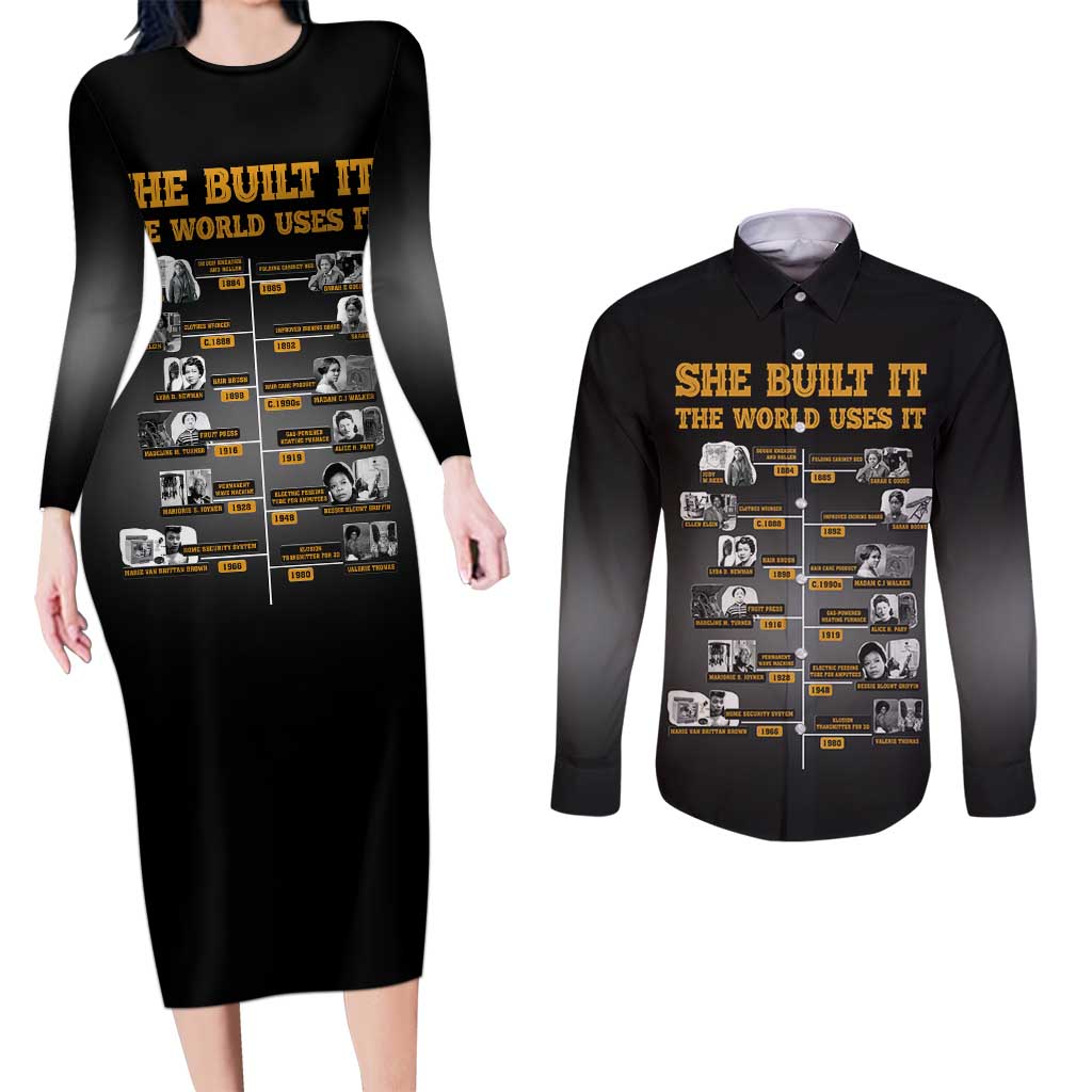 She Built It The World Uses It Couples Matching Long Sleeve Bodycon Dress and Long Sleeve Button Shirt African Influential Women Innovators Timeline - Wonder Print Shop