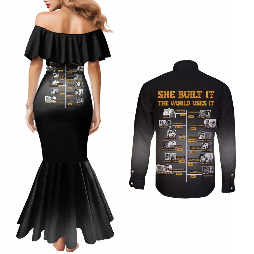 She Built It The World Uses It Couples Matching Mermaid Dress and Long Sleeve Button Shirt African Influential Women Innovators Timeline - Wonder Print Shop