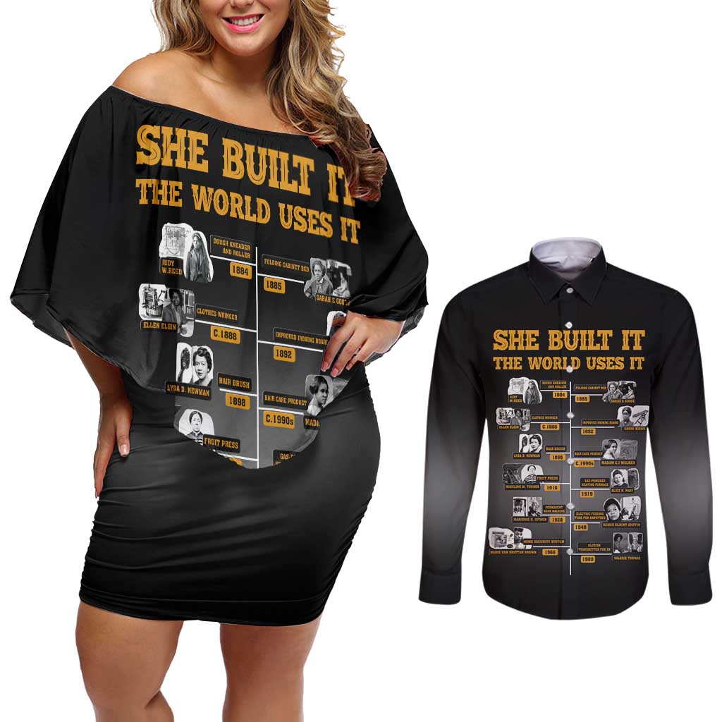 She Built It The World Uses It Couples Matching Off Shoulder Short Dress and Long Sleeve Button Shirt African Influential Women Innovators Timeline - Wonder Print Shop