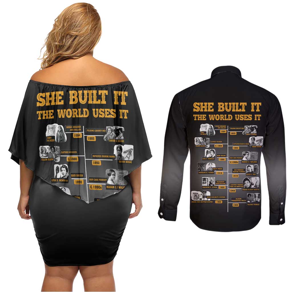 She Built It The World Uses It Couples Matching Off Shoulder Short Dress and Long Sleeve Button Shirt African Influential Women Innovators Timeline - Wonder Print Shop