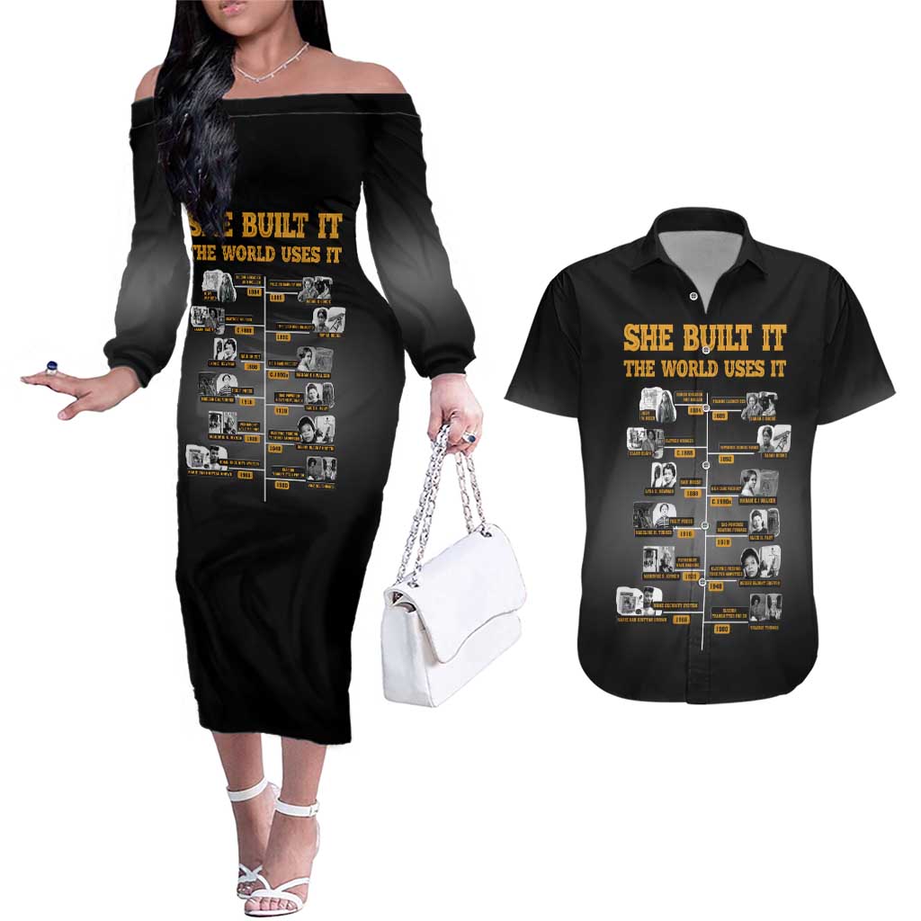 She Built It The World Uses It Couples Matching Off The Shoulder Long Sleeve Dress and Hawaiian Shirt African Influential Women Innovators Timeline - Wonder Print Shop