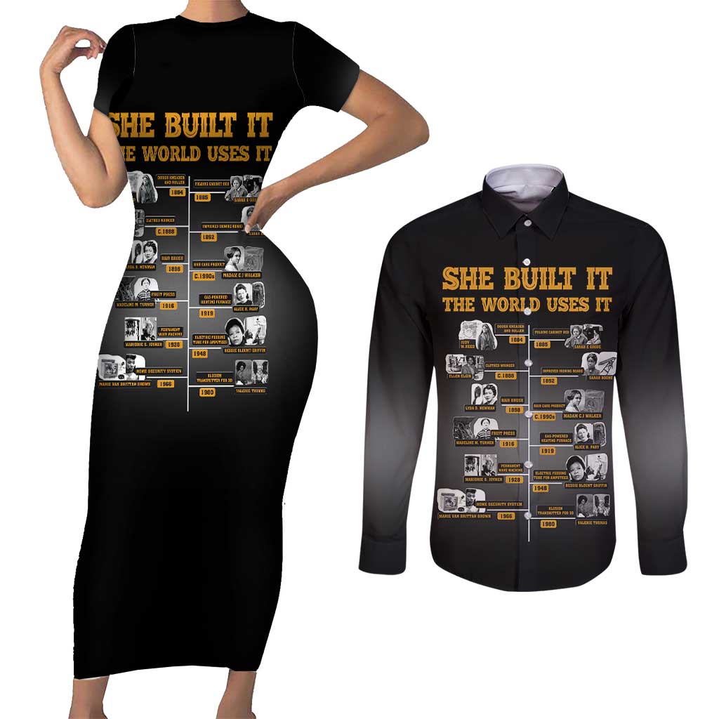 She Built It The World Uses It Couples Matching Short Sleeve Bodycon Dress and Long Sleeve Button Shirt African Influential Women Innovators Timeline - Wonder Print Shop