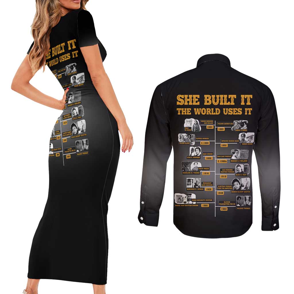 She Built It The World Uses It Couples Matching Short Sleeve Bodycon Dress and Long Sleeve Button Shirt African Influential Women Innovators Timeline - Wonder Print Shop
