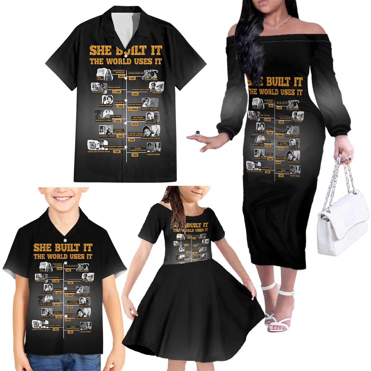 She Built It The World Uses It Family Matching Off The Shoulder Long Sleeve Dress and Hawaiian Shirt African Influential Women Innovators Timeline - Wonder Print Shop