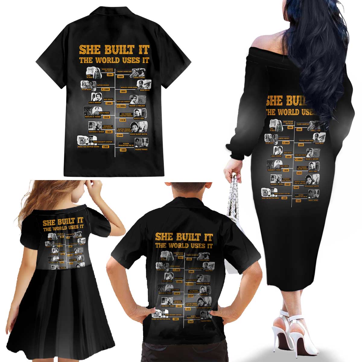She Built It The World Uses It Family Matching Off The Shoulder Long Sleeve Dress and Hawaiian Shirt African Influential Women Innovators Timeline - Wonder Print Shop