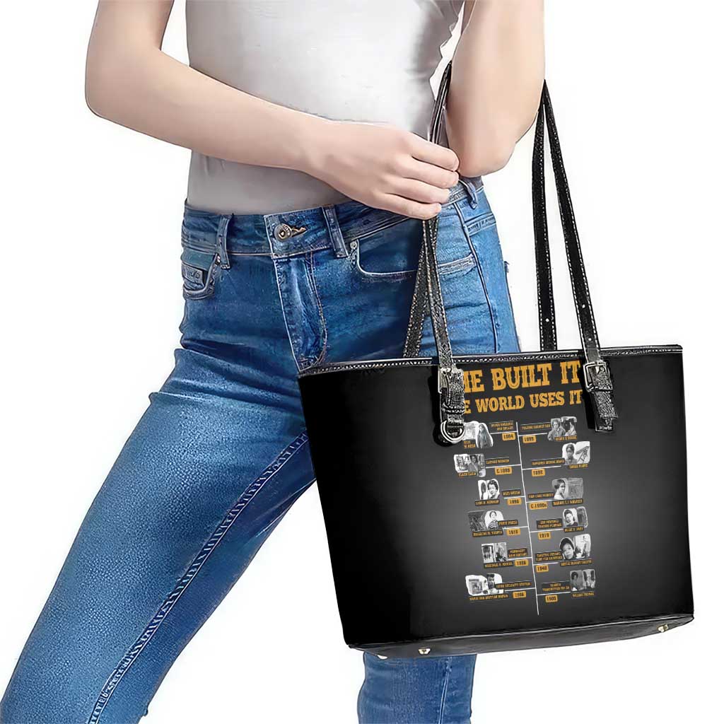She Built It The World Uses It Leather Tote Bag African Influential Women Innovators Timeline - Wonder Print Shop