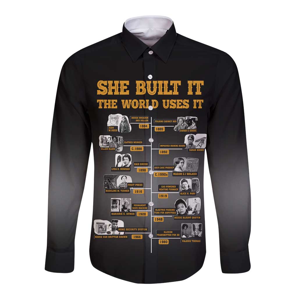 She Built It The World Uses It Long Sleeve Button Shirt African Influential Women Innovators Timeline - Wonder Print Shop