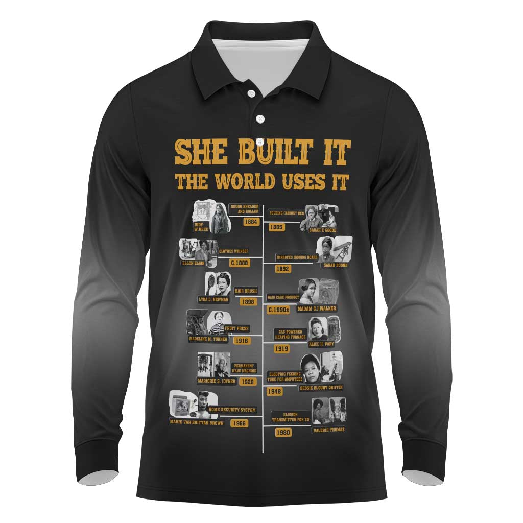 She Built It The World Uses It Long Sleeve Polo Shirt African Influential Women Innovators Timeline - Wonder Print Shop