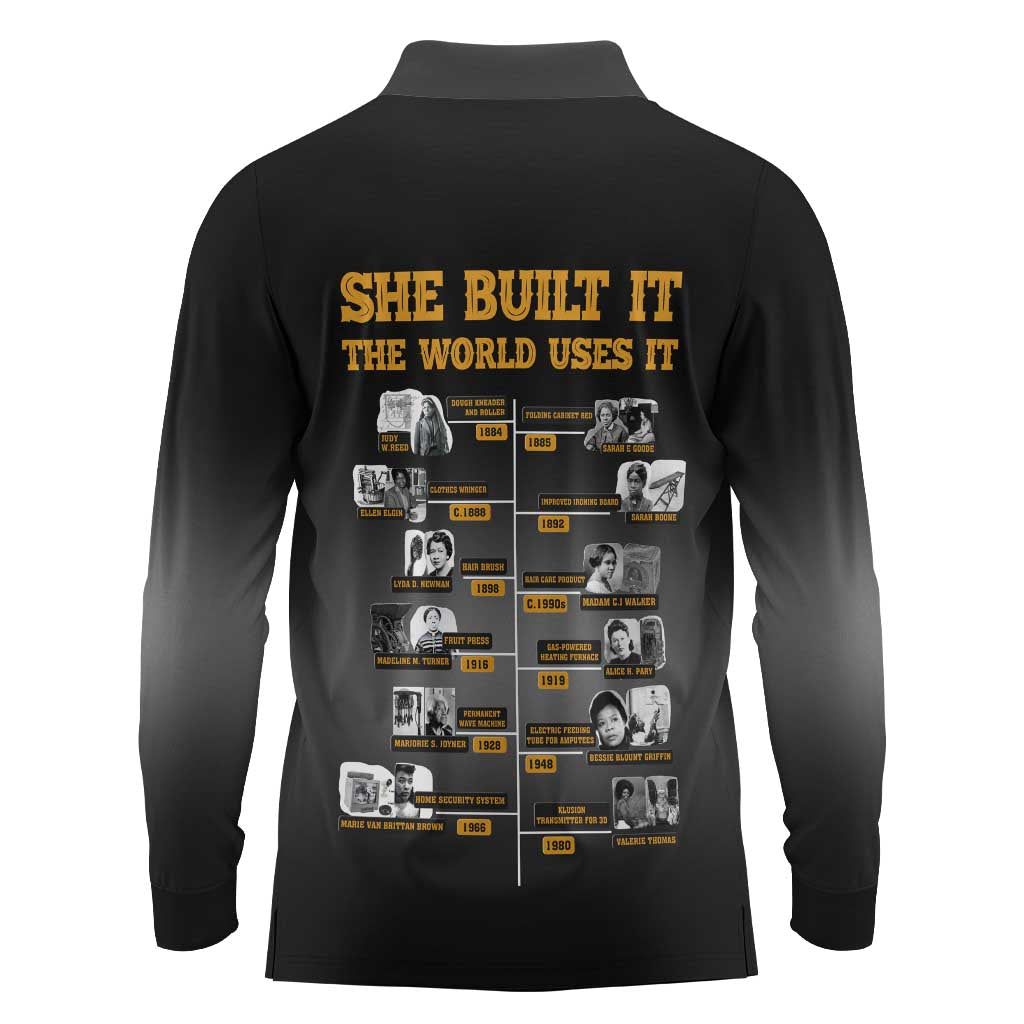 She Built It The World Uses It Long Sleeve Polo Shirt African Influential Women Innovators Timeline - Wonder Print Shop