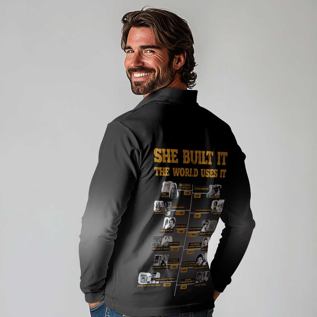 She Built It The World Uses It Long Sleeve Polo Shirt African Influential Women Innovators Timeline - Wonder Print Shop