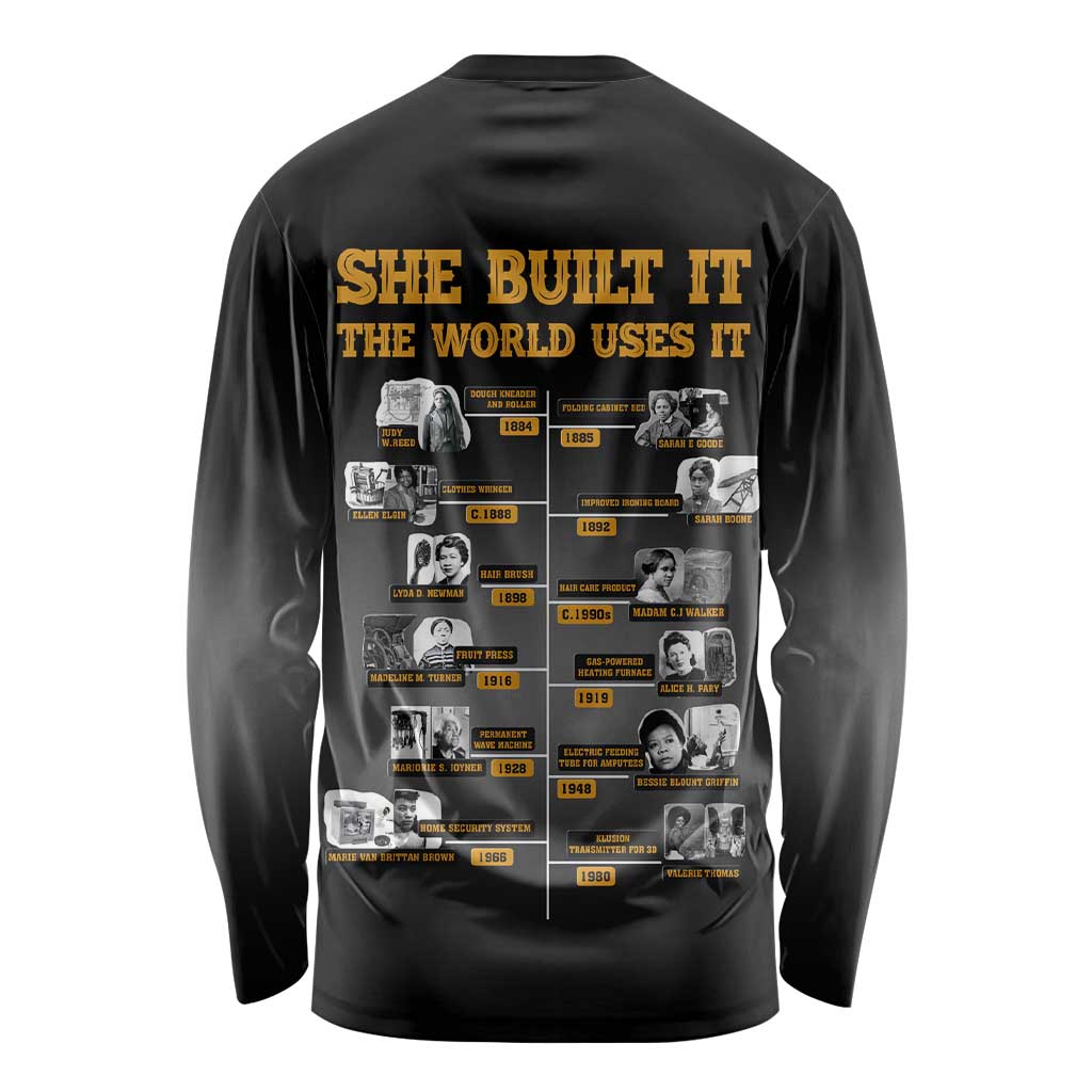 She Built It The World Uses It Long Sleeve Shirt African Influential Women Innovators Timeline - Wonder Print Shop