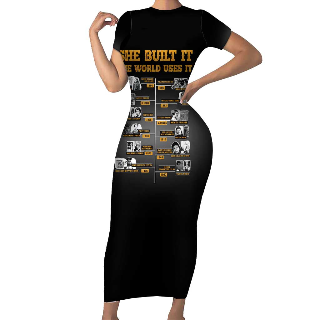 She Built It The World Uses It Short Sleeve Bodycon Dress African Influential Women Innovators Timeline - Wonder Print Shop