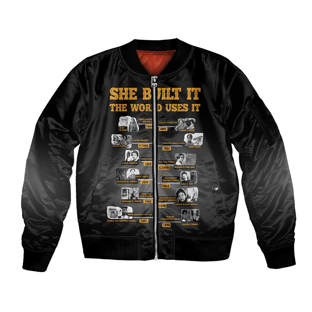 She Built It The World Uses It Sleeve Zip Bomber Jacket African Influential Women Innovators Timeline - Wonder Print Shop