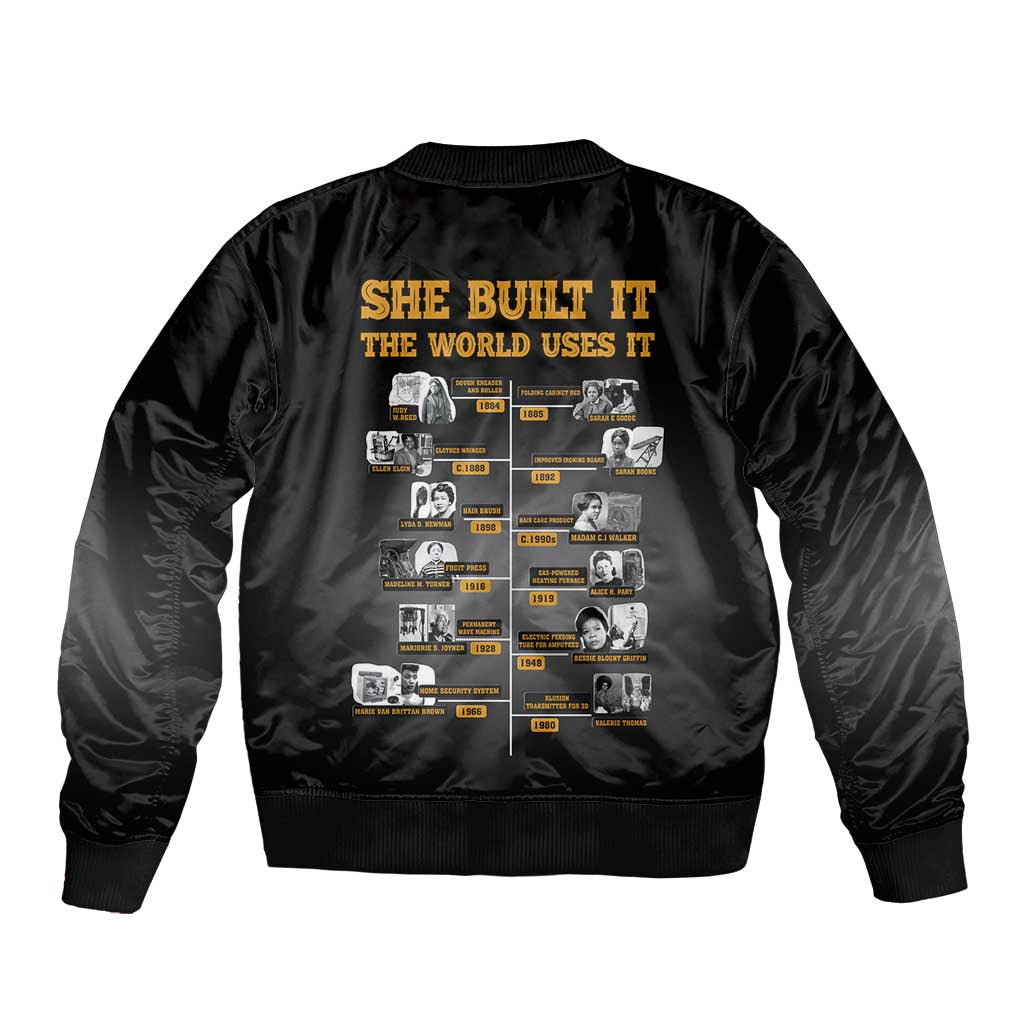 She Built It The World Uses It Sleeve Zip Bomber Jacket African Influential Women Innovators Timeline - Wonder Print Shop