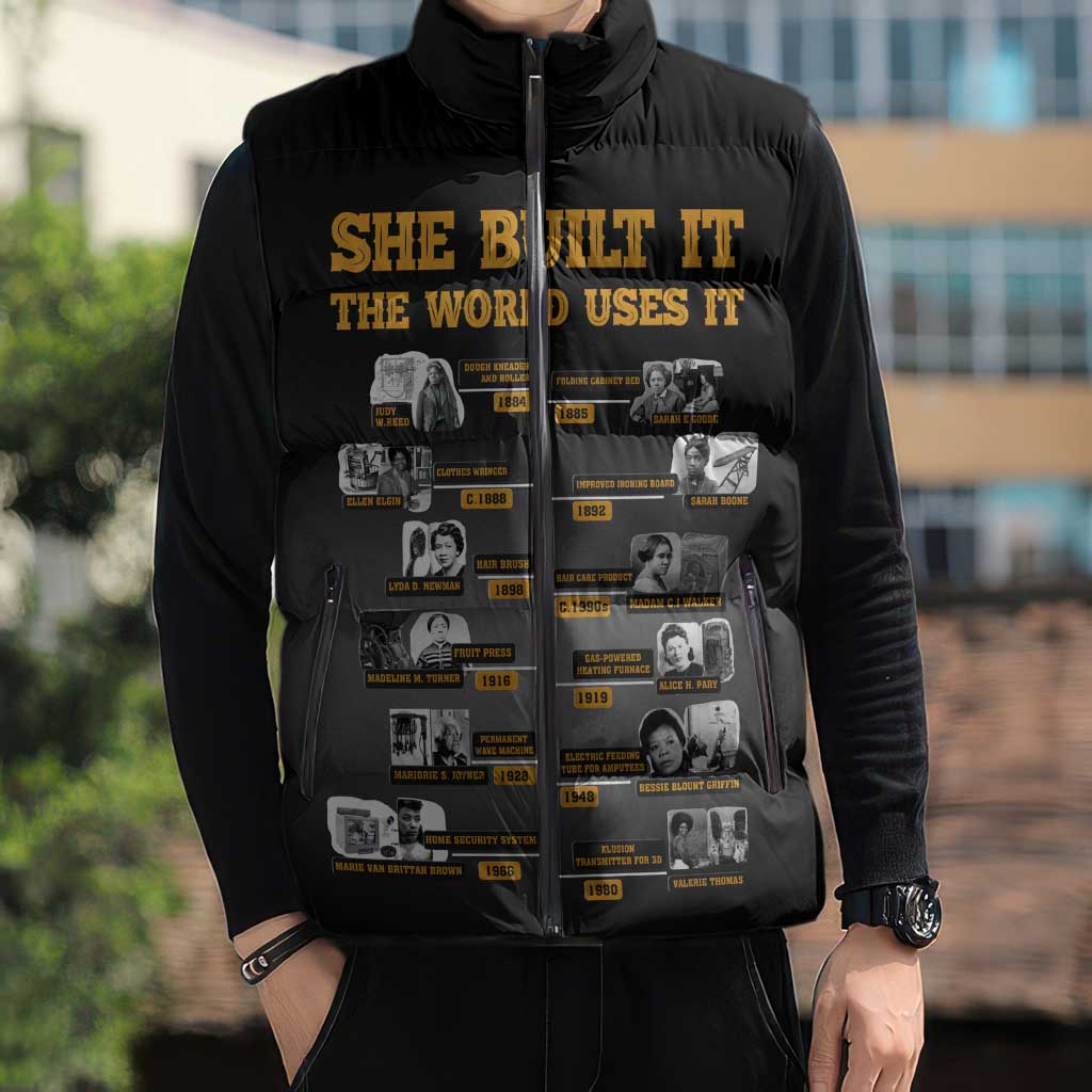 She Built It The World Uses It Sleeveless Puffer Jacket African Influential Women Innovators Timeline - Wonder Print Shop