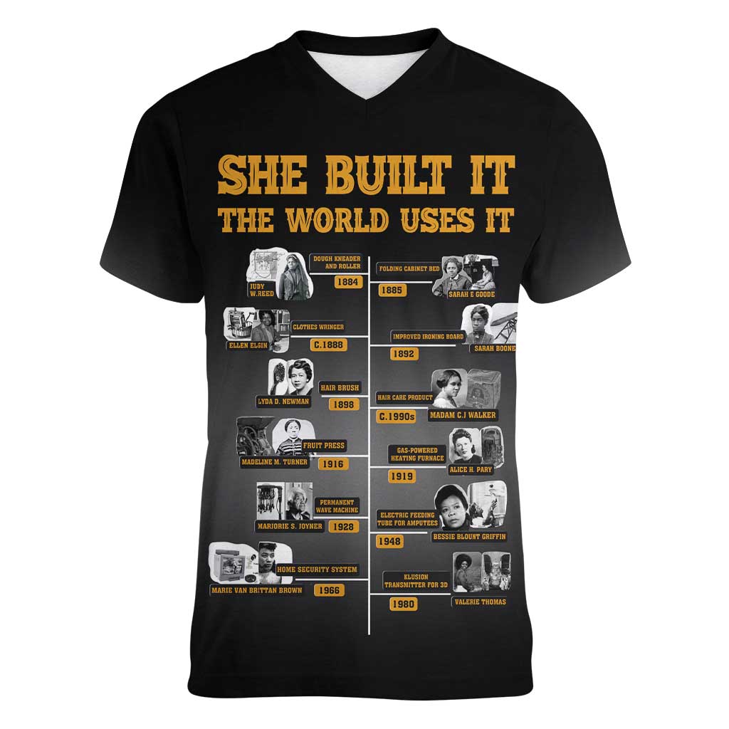 She Built It The World Uses It Women V-Neck T-Shirt African Influential Women Innovators Timeline - Wonder Print Shop