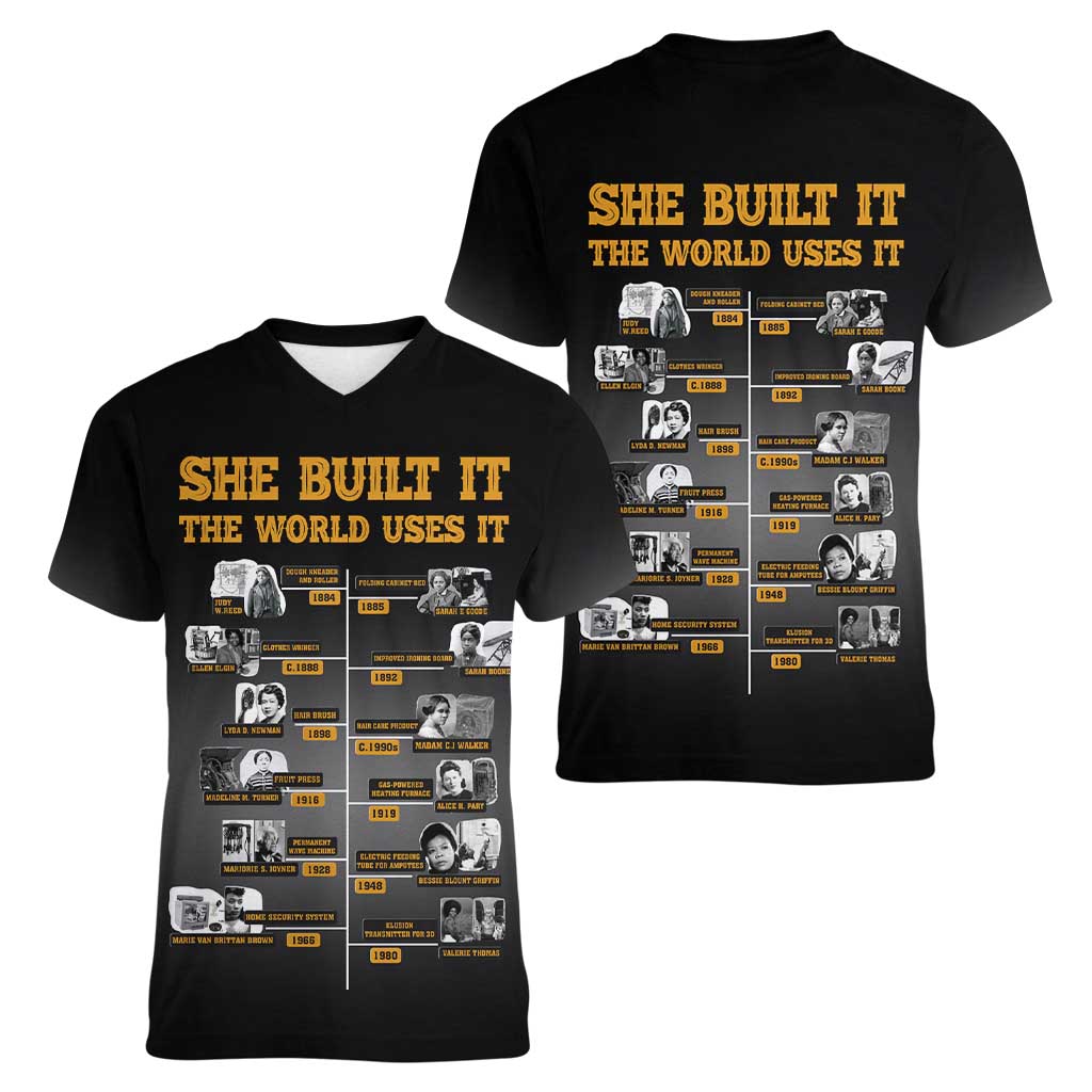 She Built It The World Uses It Women V-Neck T-Shirt African Influential Women Innovators Timeline - Wonder Print Shop