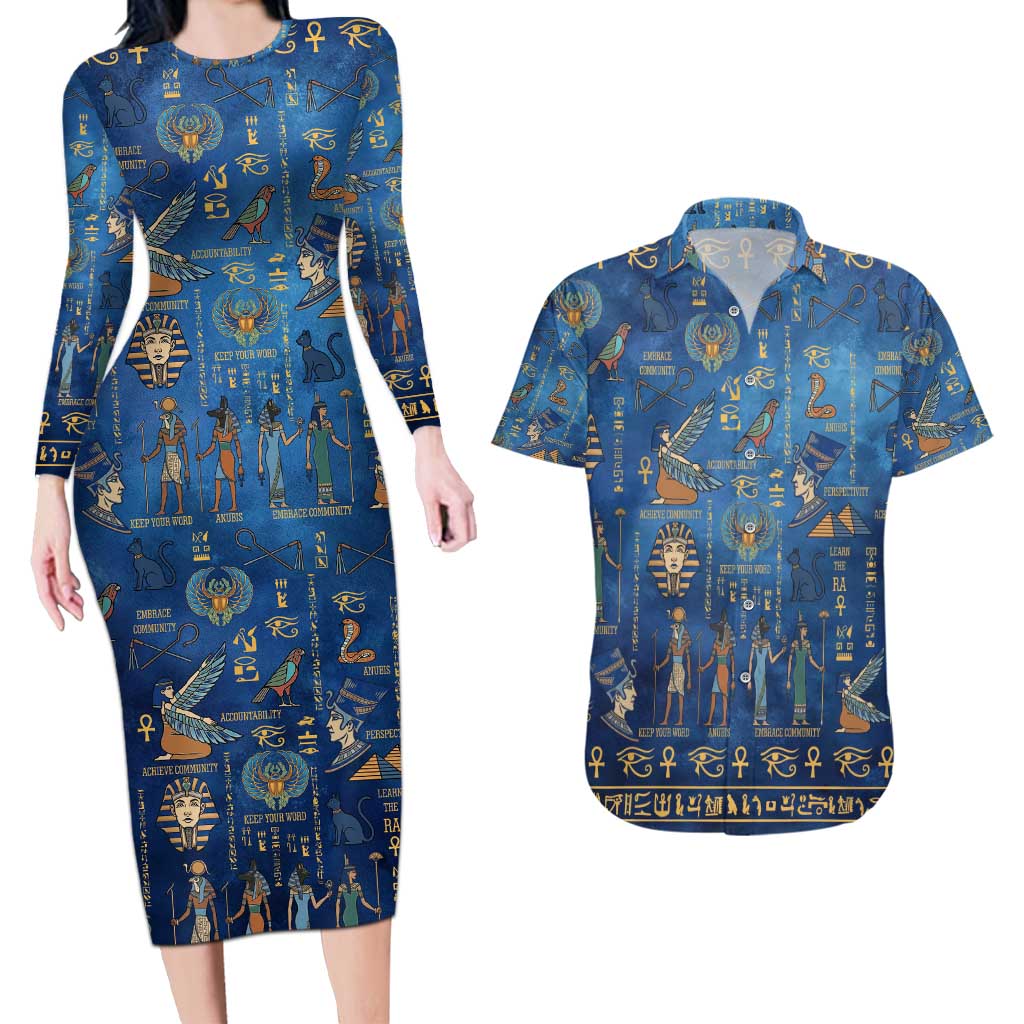 Echoes of Kemet Couples Matching Long Sleeve Bodycon Dress and Hawaiian Shirt African Pharaohs, Anubis and Symbolic Motifs - Wonder Print Shop